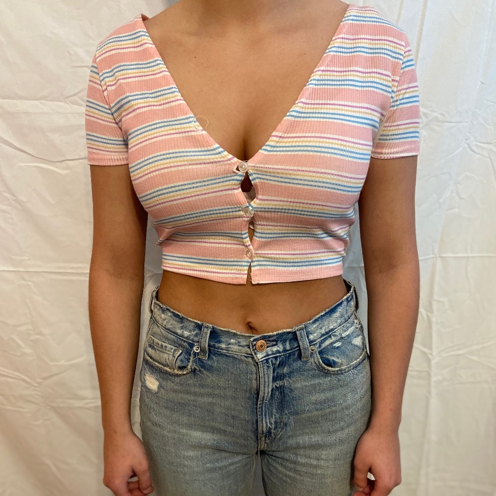 Pink Striped Button Up Crop Top